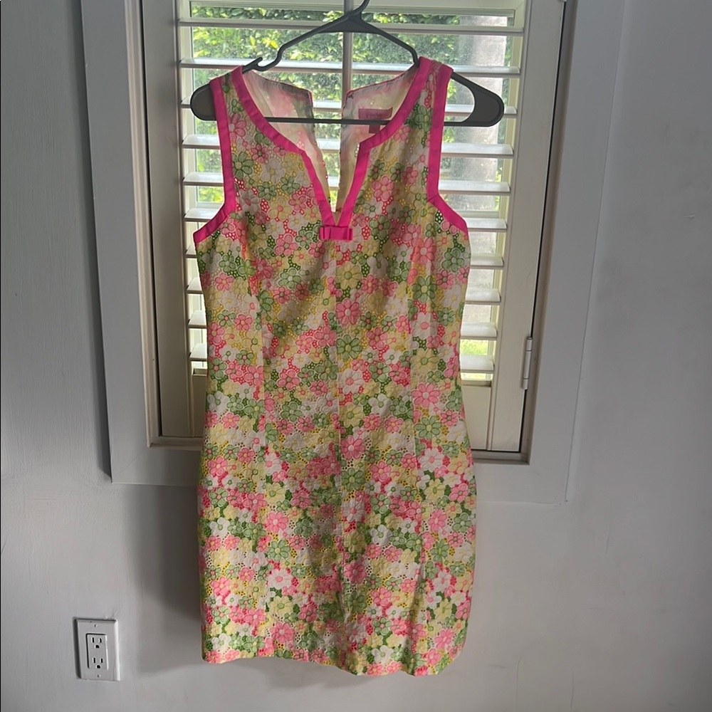 Lily Pulitzer Vintage Preppy Floral Pink Yellow Green Sleeveless A-Line Dress